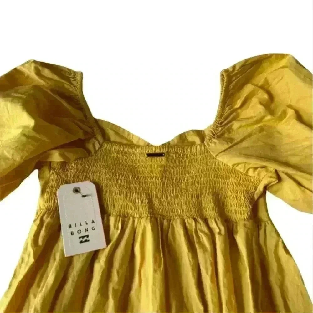 BILLABONG womens S Mini DRESS Yellow BE MINE Short PUFF Sleeve BABYDOLL Cotton - Picture 12 of 14